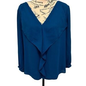 Maeve by Anthropologie Size  6 Blue 3/4 Sleeve V Neck Blouse Top Ruffle …